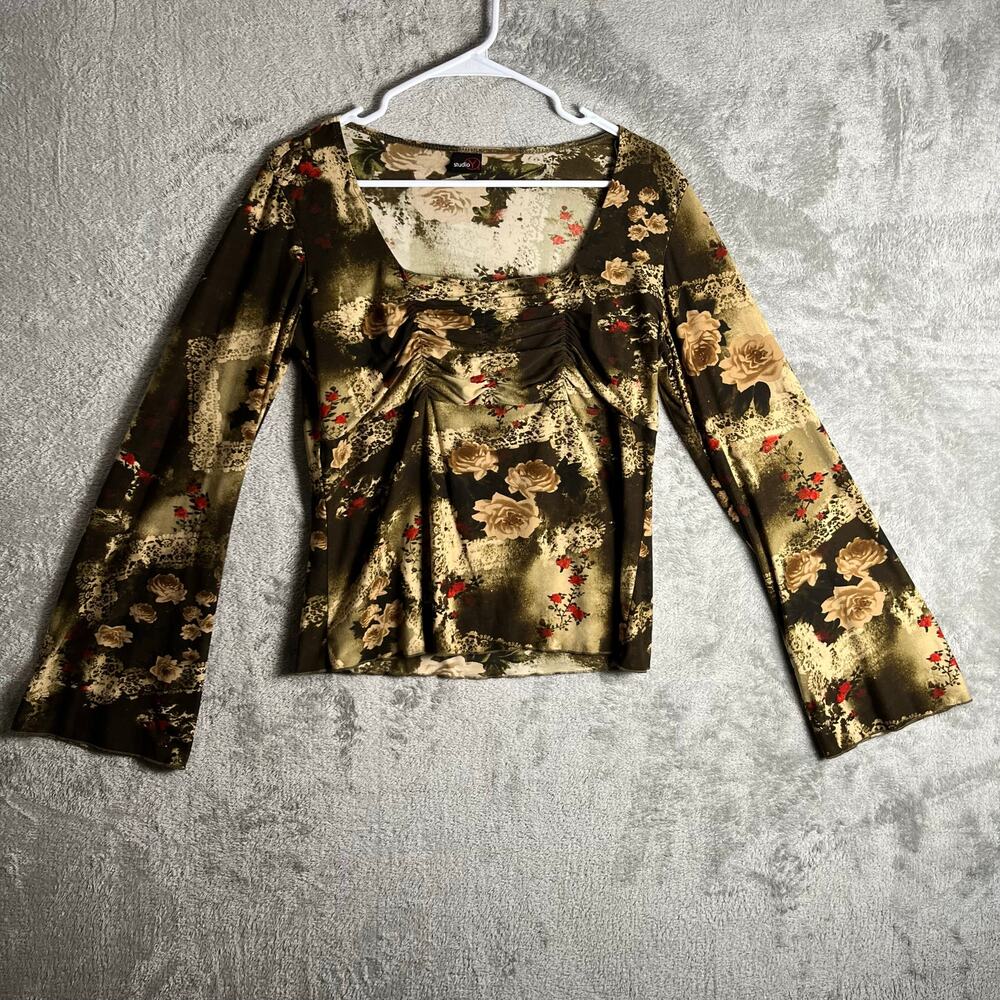 Vintage Y2K Ruched Blouse Boho Fairy Grunge Long Flare Sleeve Indie Sleaze Med